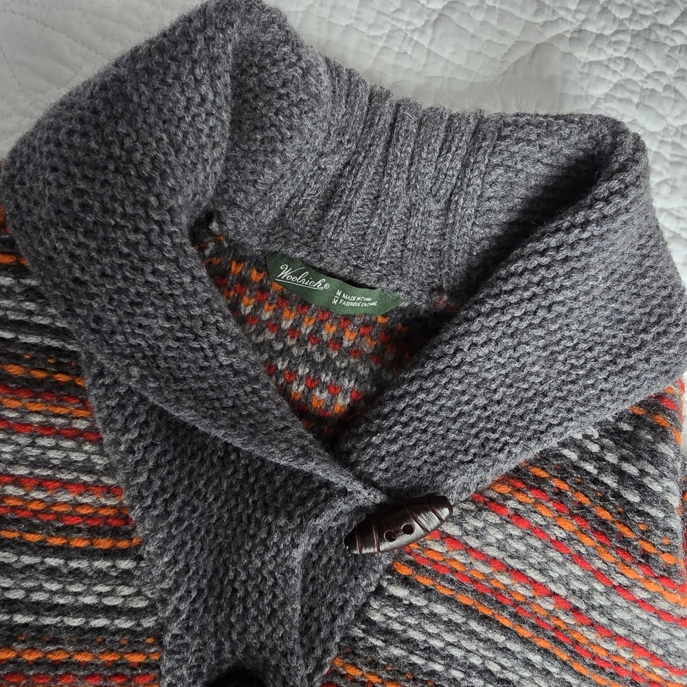 Woolrich Gray Shawl Collar Fair Isle Wool Cardigan with Red & Orange Accents - Picture 2 of 14